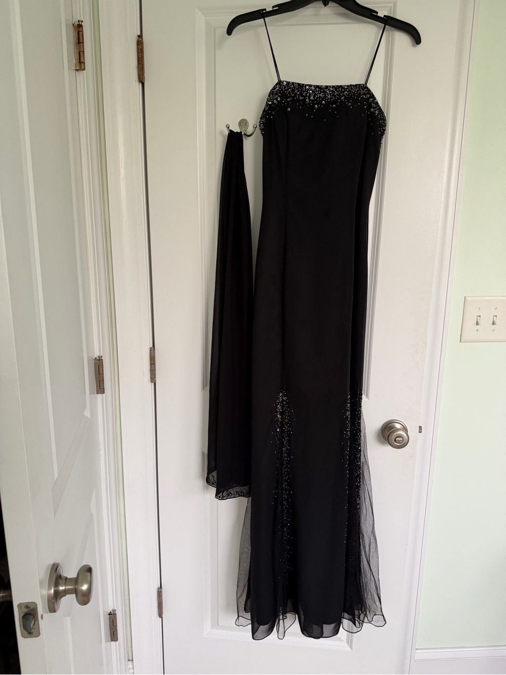 Black Beaded Spaghetti Strap Prom Gown